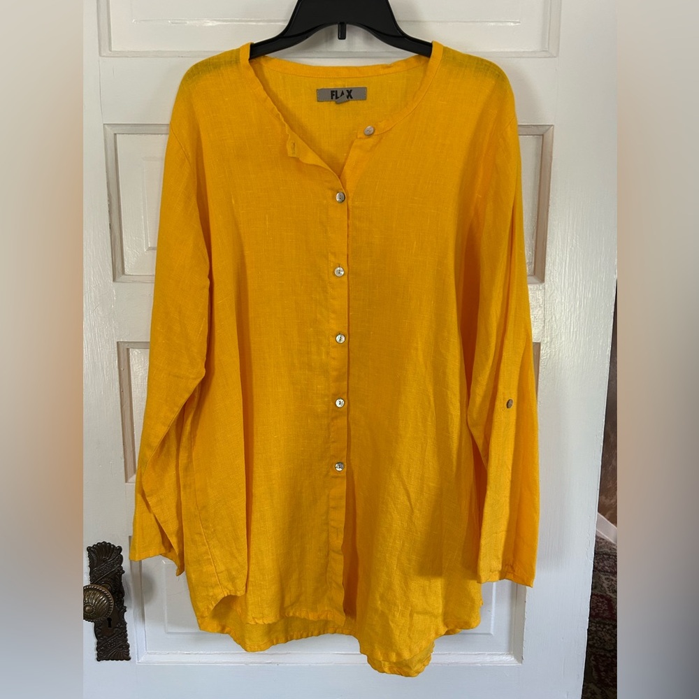 Flax 100% Linen Yellow Oversized Notched Collar Button Down Shirt. Size Medium